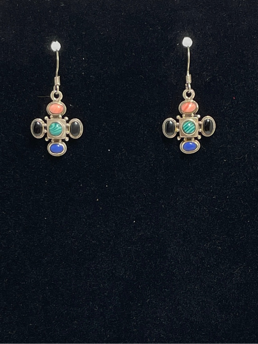 Sterling Silver Southwestern Style Multi Colored Stones Dangle Earrings, 3.95g - Picture 2 of 9